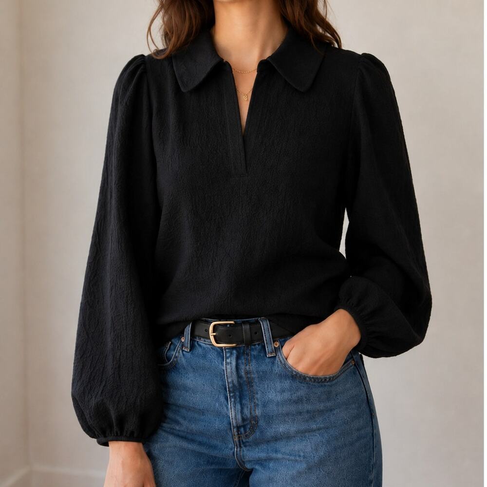 Samsoe Samsoe Blouse Black Collared Office Minimalist Danish Balloon Sleeves-M